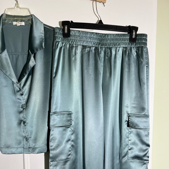 Pleione Satin Cargo Pants Shirt Set Steel Blue - Picture 4 of 10